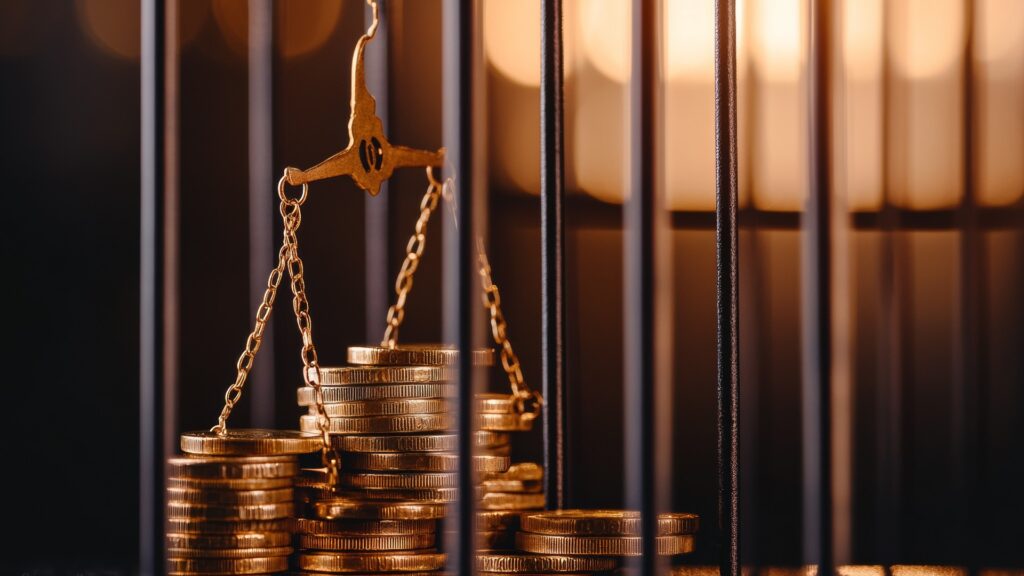 Eine Waage der Gerechtigkeit, auf der Goldmünzen hinter Gefängnisgittern in stimmungsvoller Beleuchtung ausbalanciert sind